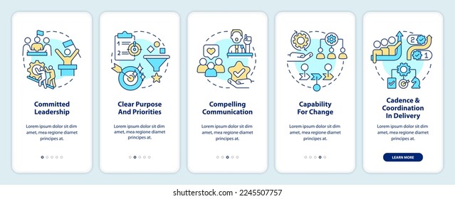 Government transformation disciplines onboarding mobile app screen. Walkthrough 5 steps editable graphic instructions with linear concepts. UI, UX, GUI template. Myriad Pro-Bold, Regular fonts used