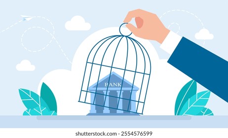 Government try to control crypto or decentralized money, authority and legal for trading crypto. Bank run away from government cage. Government try to control currency regulation. Vector illustration