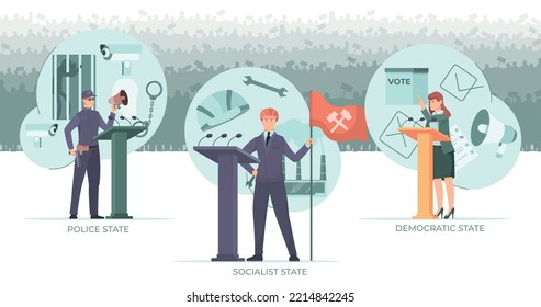 Government types background with police and socialist state symbols flat vector illustration