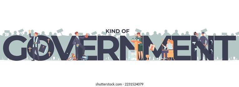 Government types concept with political system and structure symbols flat vector illustration