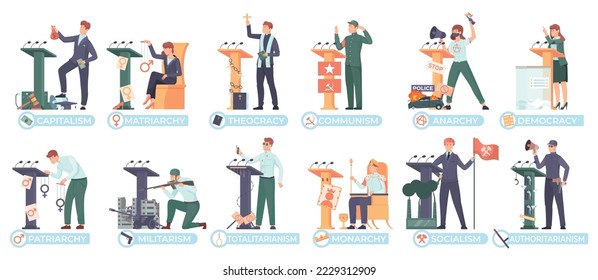 Government types set with political system symbols flat isolated vector illustration