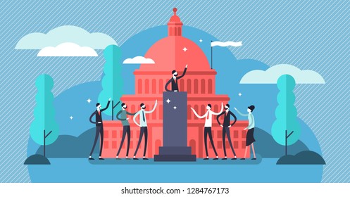 Government vector illustration. Flat tiny political speech persons concept. Democratic election campaign. Political debates and parliament voting. National, economic and strategic decisions.