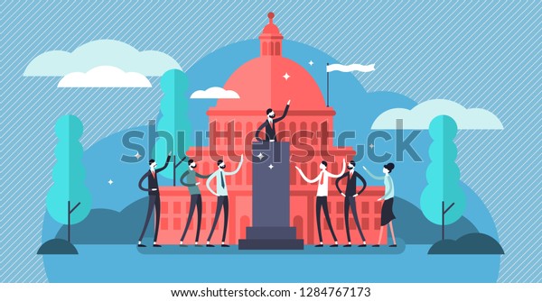 Government vector illustration. Flat tiny\
political speech persons concept. Democratic election campaign.\
Political debates and parliament voting. National, economic and\
strategic\
decisions.