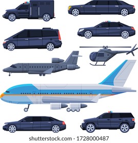 Government Vehicles Set, Black Presidential Auto, Airplane, Helicopter, Luxury Business Transportation Flat Vector Illustration