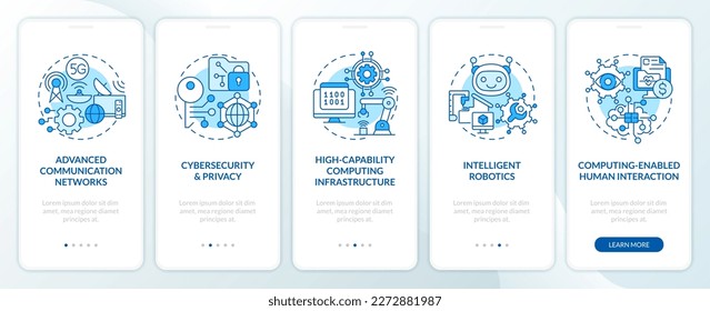 Governmental IT funding blue onboarding mobile app screen. Finance walkthrough 5 steps editable graphic instructions with linear concepts. UI, UX, GUI template. Myriad Pro-Bold, Regular fonts used