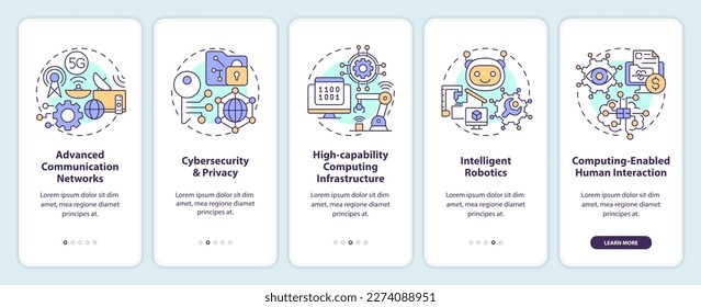 Governmental IT funding onboarding mobile app screen. Finance walkthrough 5 steps editable graphic instructions with linear concepts. UI, UX, GUI template. Myriad Pro-Bold, Regular fonts used