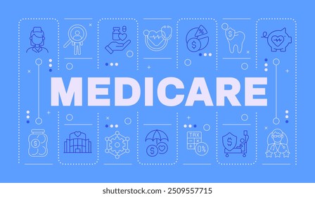 Governmental healthcare insurance light blue word concept. Federal health care plans. Horizontal vector image. Headline text surrounded by editable outline icons