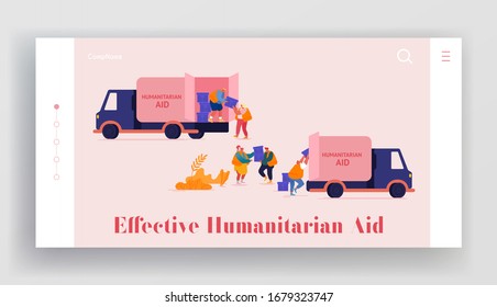 Governmental Help to People in Need Landing Page Template. Volunteers Characters in Humanitarian Aid Van Unloading Help Boxes to Refugees from Trucks, Material Assistance. Cartoon Vector Illustration