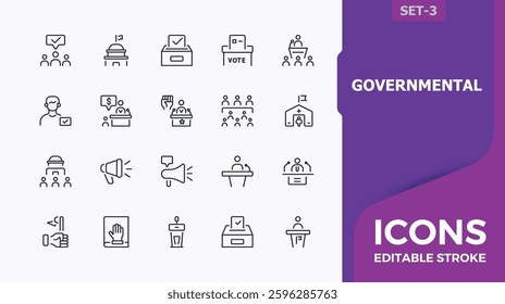 Governmental icon collection. Contains outline symbols like democracy, democrat, diplomacy, political, government, voting and more. Political linear icon collection. Minimalist vector illustration.