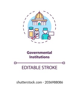Icono conceptual de las instituciones gubernamentales. Intenta auspiciar la idea de la línea delgada. Ejecución de programas de investigación. Solicitando financiación. Dibujo de color RGB con contorno aislado del vector. Trazo editable