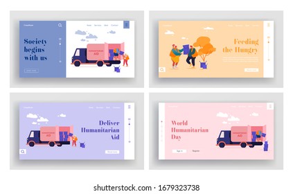 Governmental Material Assistance Landing Page Template Set. Volunteer Characters in Humanitarian Aid Van Unloading Help Boxes to Refugees from Trucks. Distribution of Food. Cartoon Vector Illustration