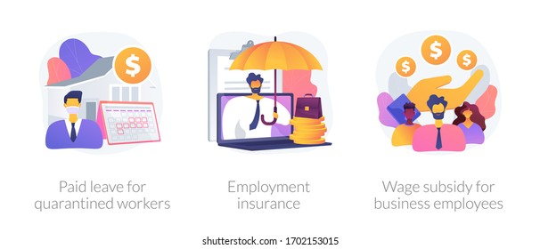 Governmental support for quarantined worker abstract concept vector illustration set. Paid leave, employment insurance, wage subsidy for business employee, sickness benefits support abstract metaphor.