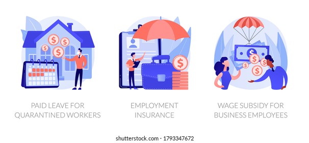 Governmental support for quarantined worker abstract concept vector illustration set. Paid leave, employment insurance, wage subsidy for business employee, sickness benefits support abstract metaphor.