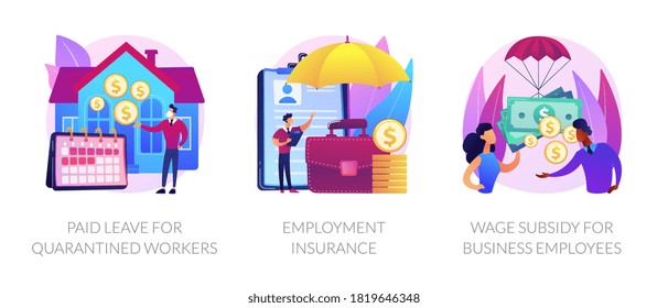 Governmental support for quarantined worker abstract concept vector illustration set. Paid leave, employment insurance, wage subsidy for business employee, sickness benefits support abstract metaphor.