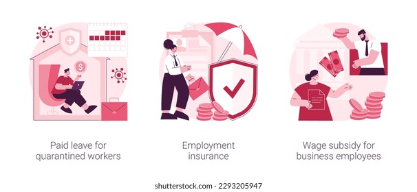 Governmental support for quarantined worker abstract concept vector illustration set. Paid leave, employment insurance, wage subsidy for business employee, sickness benefits support abstract metaphor.