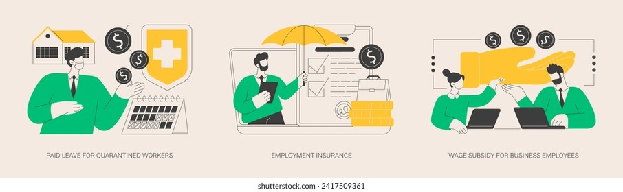 Governmental support for quarantined worker abstract concept vector illustration set. Paid leave, employment insurance, wage subsidy for business employee, sickness benefits support abstract metaphor.