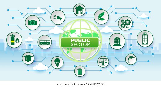 Governmental System Citizen Service Concept. Public Sector Government People Business Concept With Icons. Cartoon Vector People Illustration	