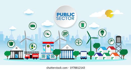 Governmental System Citizen Service Concept. Public Sector Government People Business Concept With Icons. Cartoon Vector People Illustration	