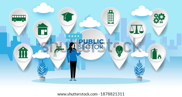 Governmental System Citizen Service Concept.\
Public Sector Government People Business Concept With icons.\
Cartoon Vector People\
Illustration