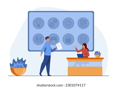 Governmental system of citizen service vector illustration. Male character handing documents to assistant at desk. Board with public services icons. Public sector, government, infrastructure concept