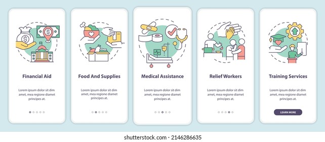 Governments may aid onboarding mobile app screen. Food and supplies walkthrough 5 steps graphic instructions pages with linear concepts. UI, UX, GUI template. Myriad Pro-Bold, Regular fonts used