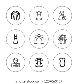 Gown icon set. collection of 9 outline gown icons with dress, groom, gown icons. editable icons.