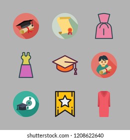 gown icon set. vector set about dress, graduation, mortarboard and diploma icons set.