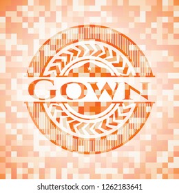Gown orange tile background illustration. Square geometric mosaic seamless pattern with emblem inside.