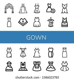 gown simple icons set. Contains such icons as Wedding arch, Dress, Wedding dress, Mantle, can be used for web, mobile and logo