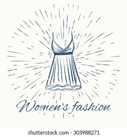 gown and vintage sun burst frame. women fashion emblem. Graphic Design Editable For Your Design. Logo Symbol