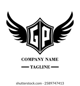 GP A bold winged shield emblem with customizable initials A-Z. Sleek black-and-white vector, perfect for branding, sports teams, motorcycle clubs, gaming,apparel and High-quality
