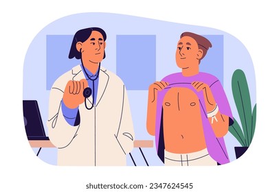 GP doctor listen breathing, lungs, heart with stethoscope in hospital. Medical examination, treatment, health checkup. Therapist consult patient, check body. Flat isolated vector illustration on white