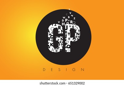 GP G P Logo Design Made of Small Letters with Black Circle and Yellow Background.