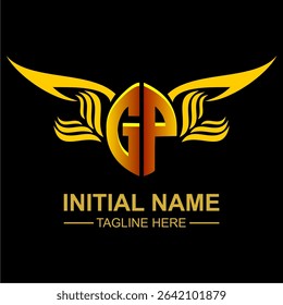GP Golden Wing Emblem Logo with elegant gold wings, sleek and modern design. Ideal for branding, creative projects, luxury businesses, or artistic ventures.