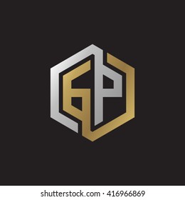 GP initial letters looping linked hexagon elegant logo golden silver black background