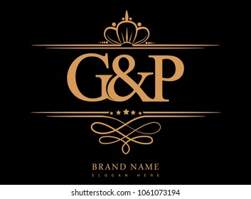 G&P Initial logo, Ampersand initial logo gold with crown and classic pattern