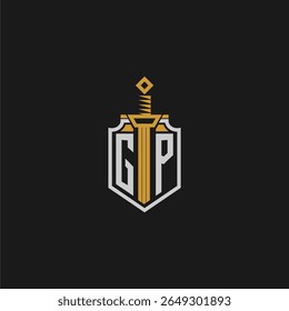 GP monograma inicial para escudo e espada estilo imagem