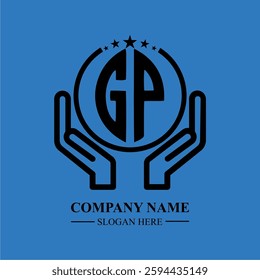 GP initials held within hands, symbolizing trust and protection. The circle represents unity, while stars highlight excellence and ambition.
