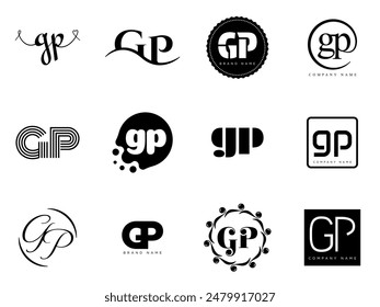 GP logo company template. Letter g and p logotype. Set different classic serif lettering and modern bold text with design elements. Initial font typography. Collection trendy business identity.