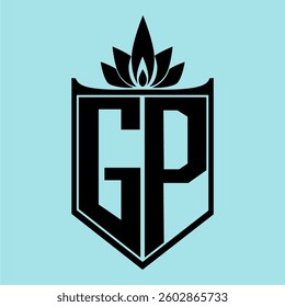 GP Logo featuring a minimalist design with a crown-like flower symbol on top, bold black elements, and a soft blue background, perfect for branding and modern visual identity.