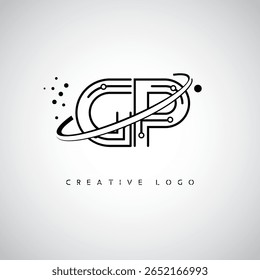 GP Orbit Monogram Logo – Futuristic Minimal Letter mark with Circular Line Art, Tech-Inspired Dots and Space Motion Concept for Modern Branding Identity