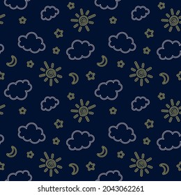 Gpaphic seamless pattern with sun, clouds, stars and moon on a navy blue background. It's suitable for baby fabric, children textile or other printable items. 