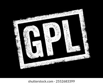 GPL significa General Public License (Licença Pública Geral), é uma licença de software livre amplamente utilizada que garante que os usuários de software tenham a liberdade de usar o software, carimbo conceitual de texto