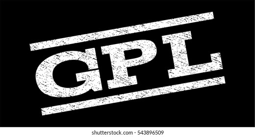 GPL watermark stamp. Text caption between parallel lines with grunge design style. Rubber seal stamp with scratched texture. Vector white color ink imprint on a black background.