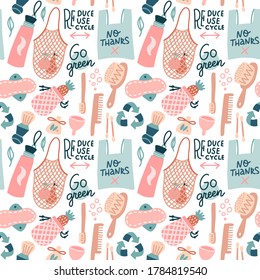 Gpo green pattern. Hand drawn Zero waste vector design. No plastic elements of eco life - reusable bags, wooden combs, woman personal hygiene products . Vector flat hand drawn Seamless illustration