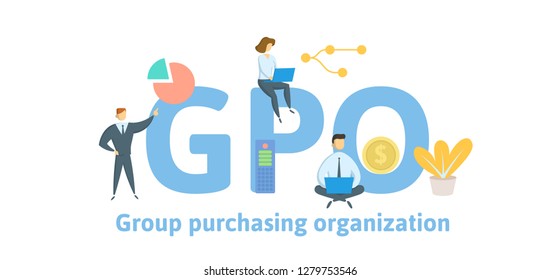 GPO, Group Purchasing Organization. Concept with keywords, letters and icons. Colored flat vector illustration. Isolated on white background.