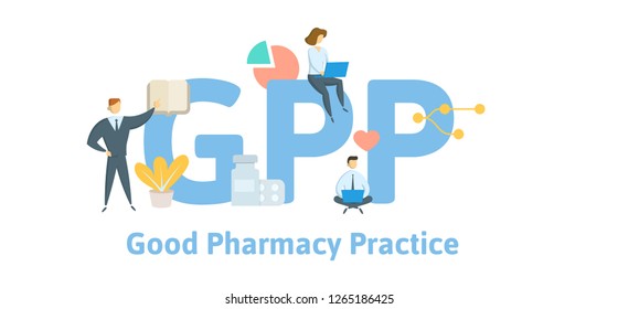 GPP, good pharmacy practices. Concept with keywords, letters and icons. Colored flat vector illustration. Isolated on white background.
