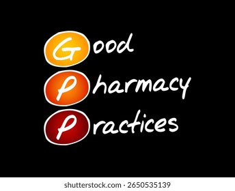 GPP - Good Pharmacy Practices is the practice of pharmacy that responds to the needs of the people who use the pharmacists services to provide optimal care, acronym text background