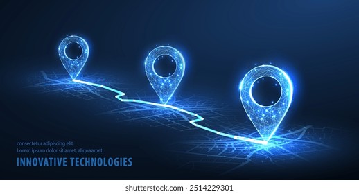 GPS. Abstract vector three pin icons on blue city map with white line connection. Transportation delivery, map location, transport logistic, tourism navigate, route path concept. Gps point navigation