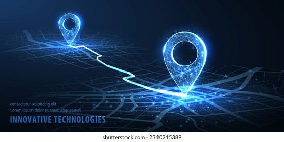 GPS. Abstract vector two pin icon on blue city map with white line connection. Transportation delivery, map location, transport logistic, tourism navigate, route path concept. Gps point navigation